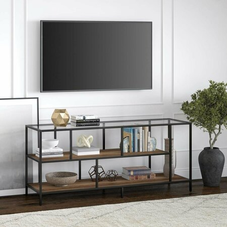 HENN & HART 55 in. Winthrop Blackened Bronze TV Stand with Glass Top & Rustic Oak Shelves TV1156